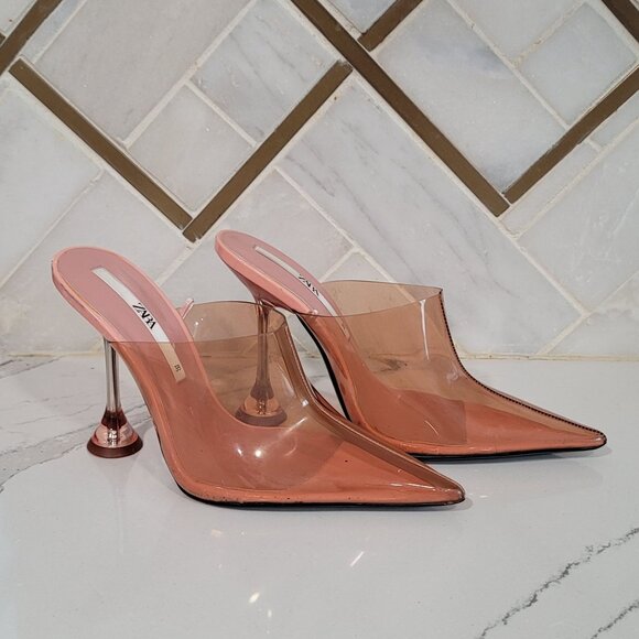 ZARA Vinyl heeled mules pointed toes transparent heels rose color Size 38 US 7.5 - Picture 3 of 15